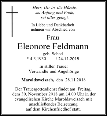 Traueranzeige von Eleonore Feldmann von Neue Presse Coburg