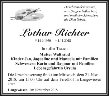 Traueranzeige von Lothar Richter von Südthüringer Presse