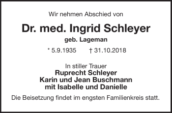 Traueranzeige von Ingrid Schleyer von Südthüringer Presse