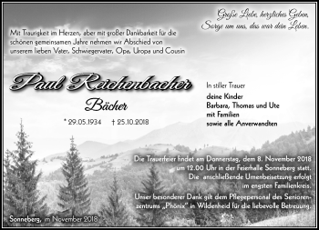 Traueranzeige von Paul Reichenbacher von Südthüringer Presse