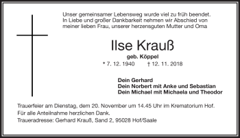 Traueranzeige von Ilse Krauß von Frankenpost