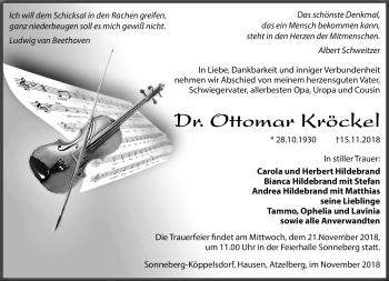 Traueranzeige von Dr. Ottomar Kröckel von Südthüringer Presse
