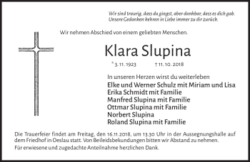 Traueranzeige von Klara Slupina von Neue Presse Coburg
