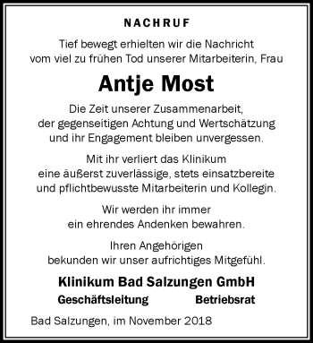 Traueranzeige von Antje Most von Südthüringer Presse