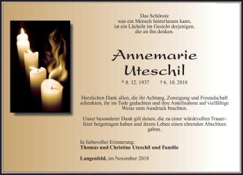 Traueranzeige von Annemarie Uteschil von Südthüringer Presse