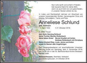 Traueranzeige von Aneliese Schlund von Südthüringer Presse