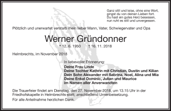 Traueranzeige von Werner Gründonner von Frankenpost