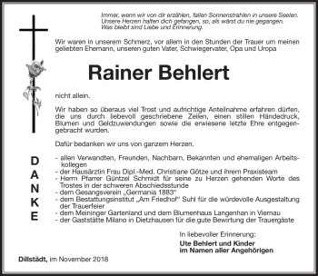 Traueranzeige von Rainer Behlert von Südthüringer Presse