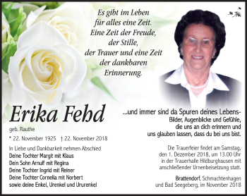 Traueranzeige von Erika Fehd von Südthüringer Presse