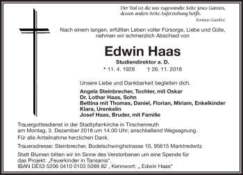 Traueranzeige von Edwin Haas von Frankenpost