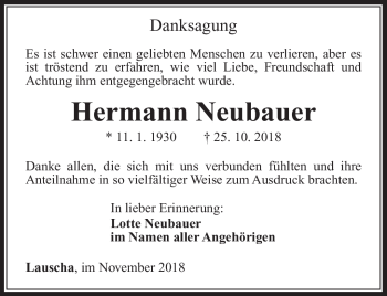 Traueranzeige von Hermann Neubauer von Südthüringer Presse