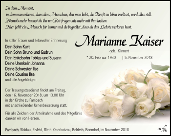Traueranzeige von Marianne Kaiser von Südthüringer Presse
