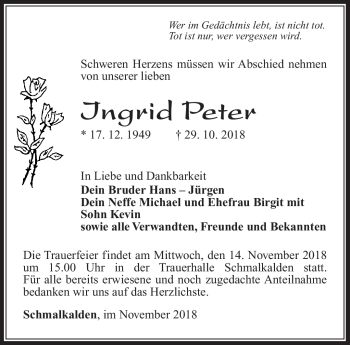 Traueranzeige von Ingrid Peter von Südthüringer Presse
