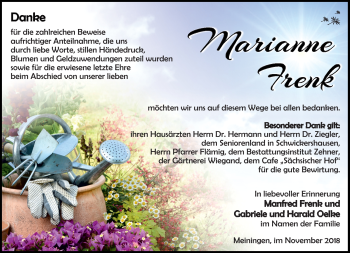 Traueranzeige von Marianne Frenk von Südthüringer Presse