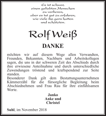 Traueranzeige von Rolf Weiß von Südthüringer Presse