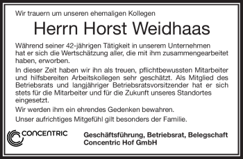 Traueranzeige von Horst Weidhaas von Frankenpost