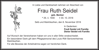 Traueranzeige von Ruth Seidel von Frankenpost