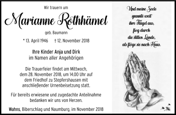 Traueranzeige von Marianne Rothhämel von Südthüringer Presse