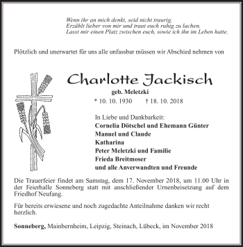 Traueranzeige von Charlotte Jackisch von Südthüringer Presse