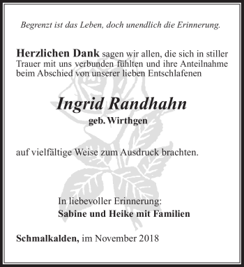 Traueranzeige von Ingrid Randhahn von Südthüringer Presse