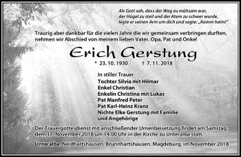 Traueranzeige von Erich Gerstung von Südthüringer Presse