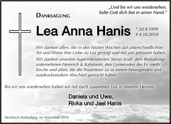 Traueranzeige von Lea Anna Hanis von Südthüringer Presse