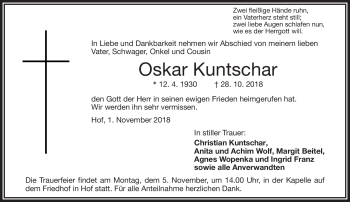 Traueranzeige von Oskar Kuntschar von Frankenpost