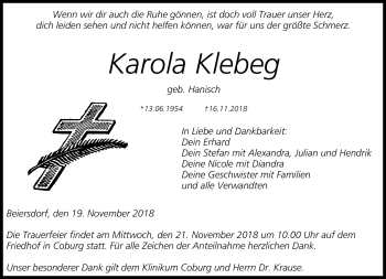 Traueranzeige von Karola Klebeg von Neue Presse Coburg