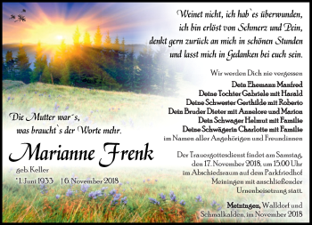 Traueranzeige von Marianne Frank von Südthüringer Presse
