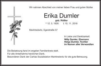 Traueranzeige von Erika Dumler von Frankenpost