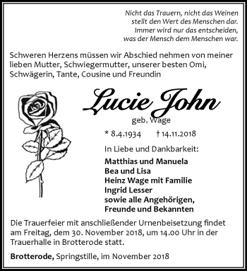 Traueranzeige von Lucie John von Südthüringer Presse