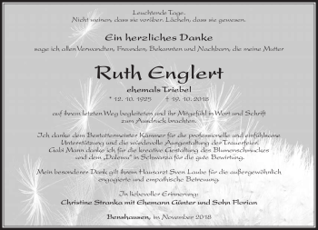 Traueranzeige von Ruth Englert von Südthüringer Presse
