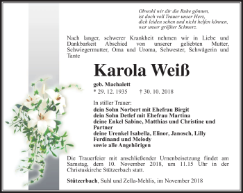Traueranzeige von Karola Weiß von Südthüringer Presse