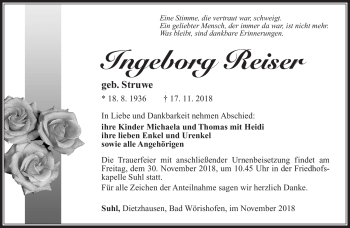Traueranzeige von Ingeborg Reiser von Südthüringer Presse