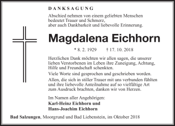 Traueranzeige von Magdalena Eichhorn von Südthüringer Presse