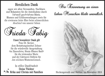 Traueranzeige von Frieda Fabig von Südthüringer Presse