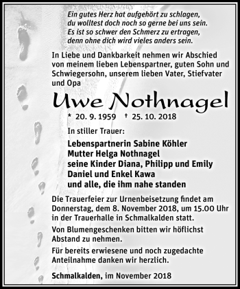 Traueranzeige von Uwe Nothnagel von Südthüringer Presse