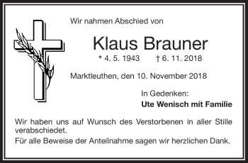 Traueranzeige von Klaus Brauner von Frankenpost