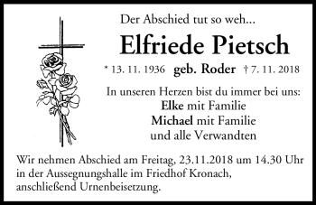 Traueranzeige von Elfriede Pietsch von Neue Presse Coburg