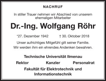 Traueranzeige von Wolfgang Röhr von Südthüringer Presse