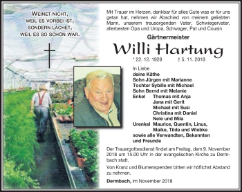 Traueranzeige von Willi Hartung von Südthüringer Presse