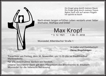 Traueranzeige von Max Kropf von Frankenpost