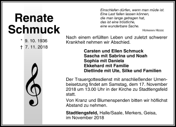 Traueranzeige von Renate Schmuck von Südthüringer Presse