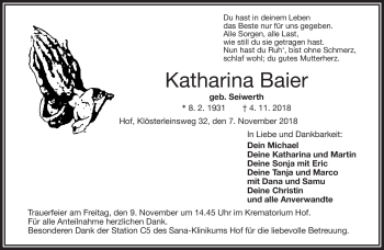 Traueranzeige von Katharina Baier von Frankenpost