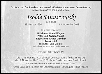 Traueranzeige von Isolde Januszewski von Neue Presse Coburg
