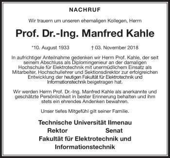 Traueranzeige von Manfred Kahle von Südthüringer Presse