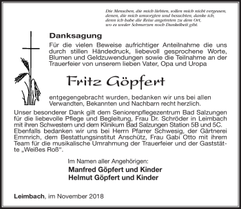 Traueranzeige von Fritz Göpfert von Südthüringer Presse