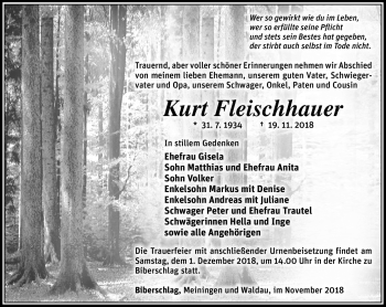 Traueranzeige von Kurt Fleichhauser von Südthüringer Presse