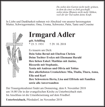 Traueranzeige von Irmgard Adler von Südthüringer Presse