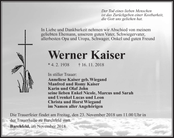 Traueranzeige von Werner Kaiser von Südthüringer Presse